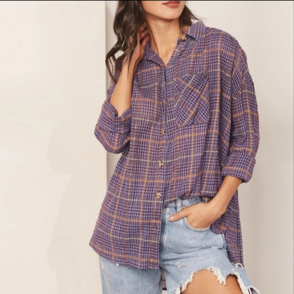 Free People Purple Plaid Metallic Button Down Shirt Oversized Large OB1029279